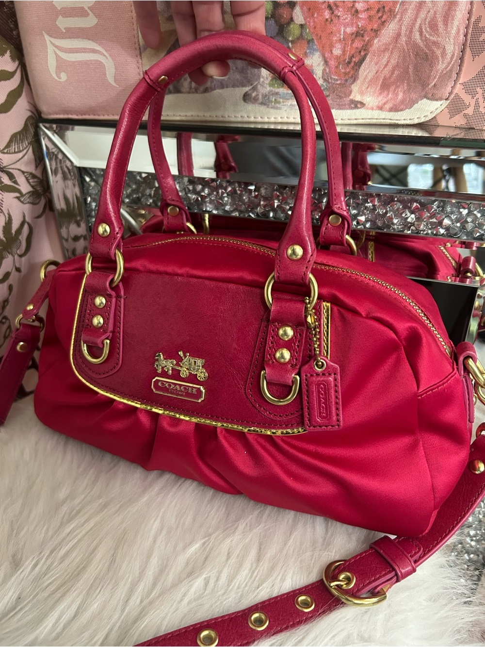 Y2K Vintage 2008 Coach Amanda Hot Pink Gold Trim Satchel Bag Leather Strap